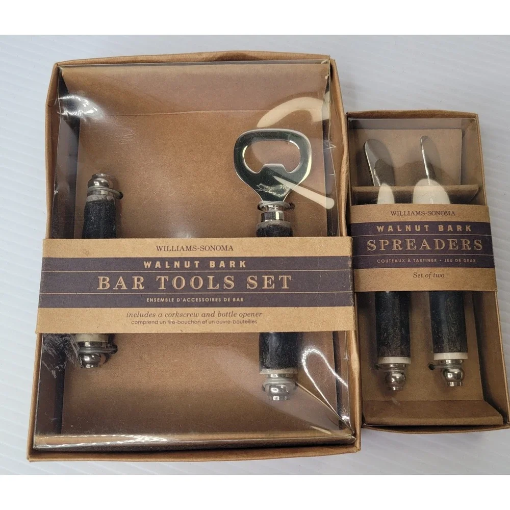 Williams Sonoma Walnut Bark Bar Tool Set & Spreaders Corkscrew New Old Stock